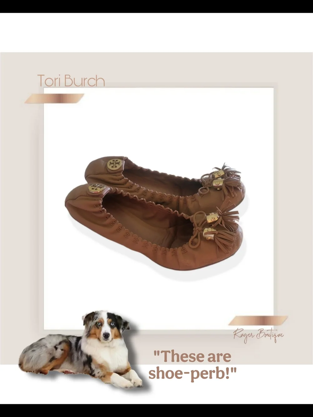 🌿Tory Burch Reese Mestico Royal Tan Leather Tassel Ballet Flats Sz 7